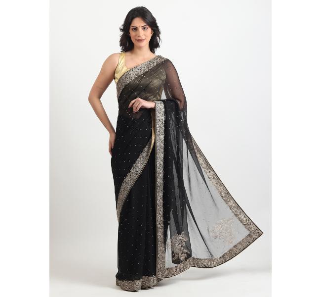 The Weavers Shop By Raavi Pure Chiffon Kasab Bail Handwork Saree With Unstitched Blouse  Black